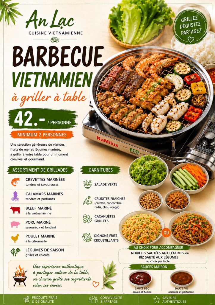Flyer ChatGPT An Lac, barbecue vietnamien : trop d'infos, trop de blocs.