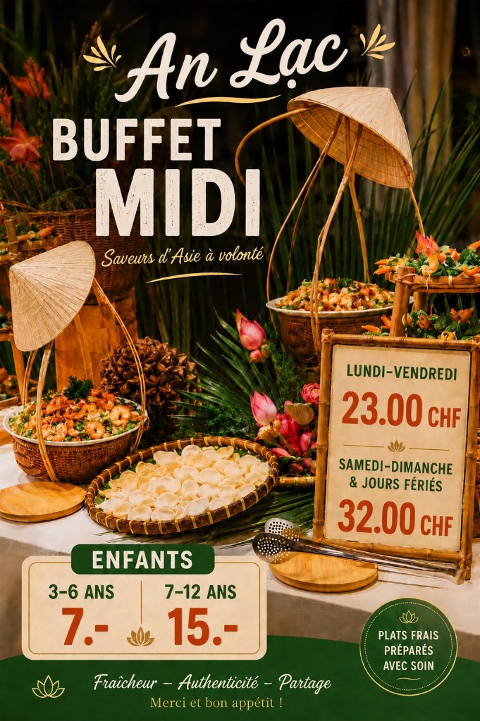 Flyer ChatGPT An Lac, buffet midi : trop de textes, plat trop lisse.