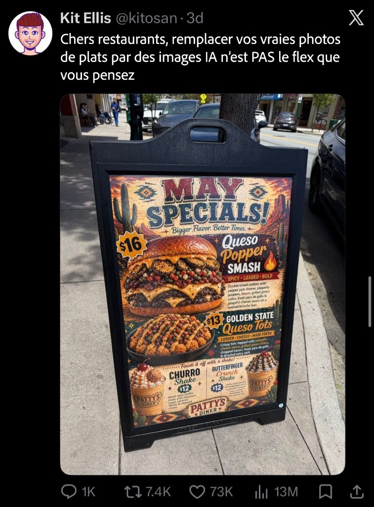 Tweet : chers restaurants, remplacer vos vraies photos de plats par des images IA n'est pas le flex que vous pensez. Panneau Patty's Diner avec plats générés par IA.